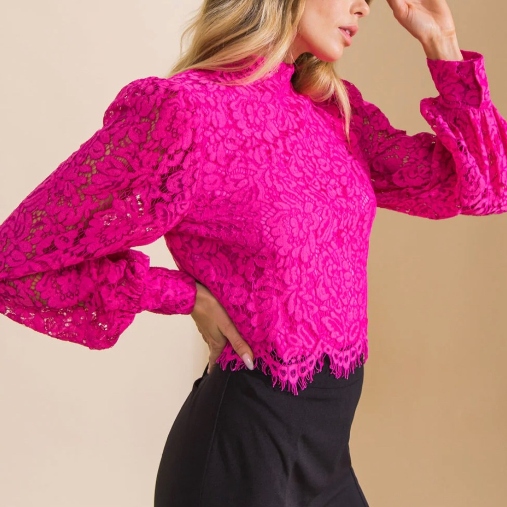 FLYING TOMATO Barbiecore Pink Long Sleeve Lace Lined Shirt Size Large